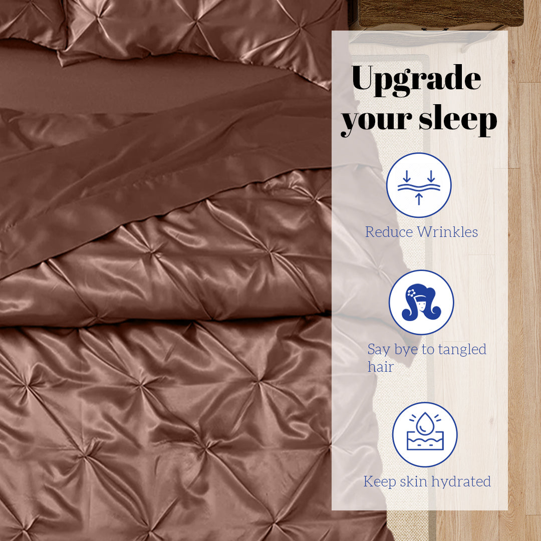 Silk Satin Pinch Pleat Duvet Cover Set – 3-Piece Elegant Pintuck Bedding Set with Zipper Closure