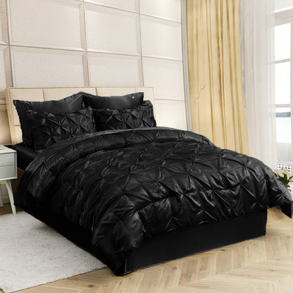 Silk Satin Pinch Pleat Duvet Cover Set – 3-Piece Elegant Pintuck Bedding Set with Zipper Closure