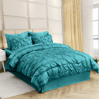 Silk Satin Pinch Pleat Duvet Cover Set – 3-Piece Elegant Pintuck Bedding Set with Zipper Closure