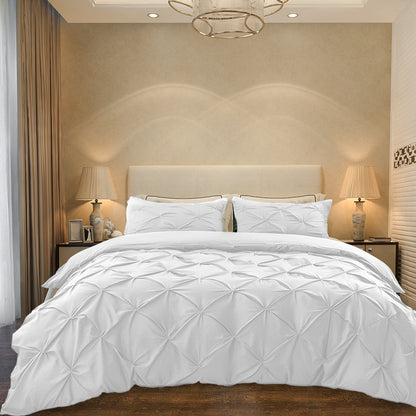 Cotton 600 Thread Count, Luxurious Pleated Design Duvet Cover With 2 Pillowcase