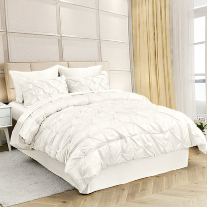 Silk Satin Pinch Pleat Duvet Cover Set – 3-Piece Elegant Pintuck Bedding Set with Zipper Closure
