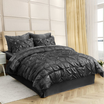 Silk Satin Pinch Pleat Duvet Cover Set – 3-Piece Elegant Pintuck Bedding Set with Zipper Closure
