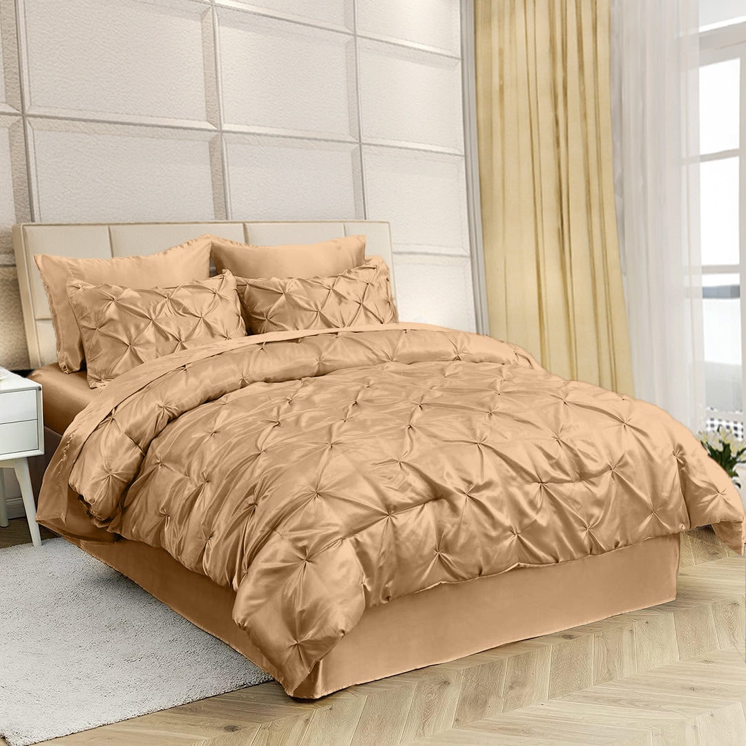 Silk Satin Pinch Pleat Duvet Cover Set – 3-Piece Elegant Pintuck Bedding Set with Zipper Closure
