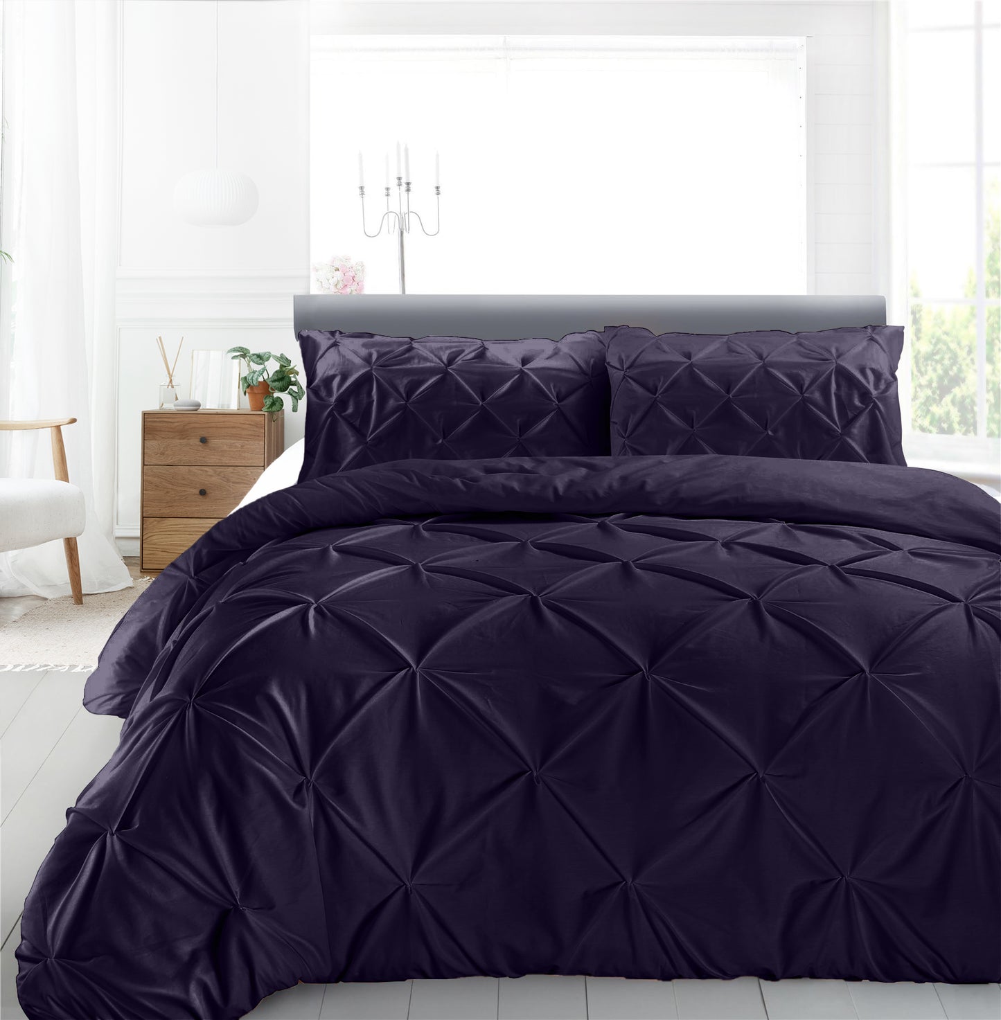 Cotton 600 Thread Count, Luxurious Pleated Design Duvet Cover With 2 Pillowcase