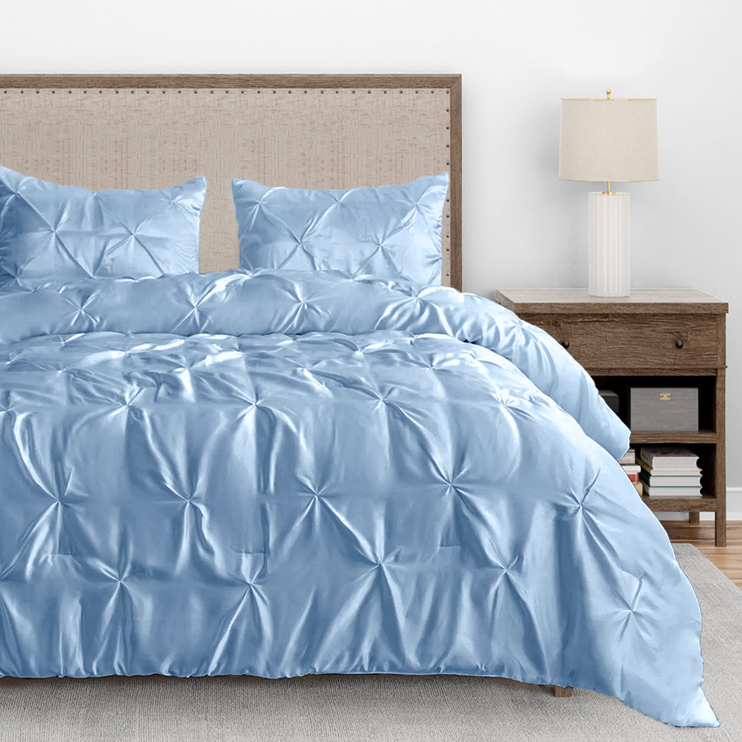 Silk Satin Pinch Pleat Duvet Cover Set – 3-Piece Elegant Pintuck Bedding Set with Zipper Closure