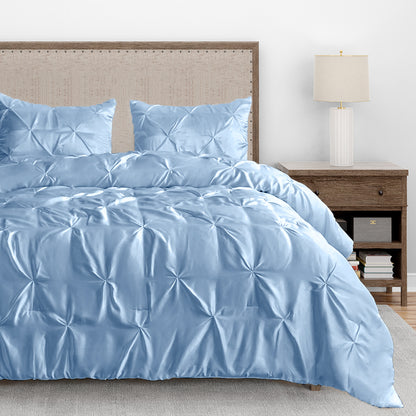 Silk Satin Pinch Pleat Duvet Cover Set – 3-Piece Elegant Pintuck Bedding Set with Zipper Closure