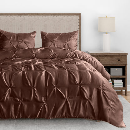 Silk Satin Pinch Pleat Duvet Cover Set – 3-Piece Elegant Pintuck Bedding Set with Zipper Closure