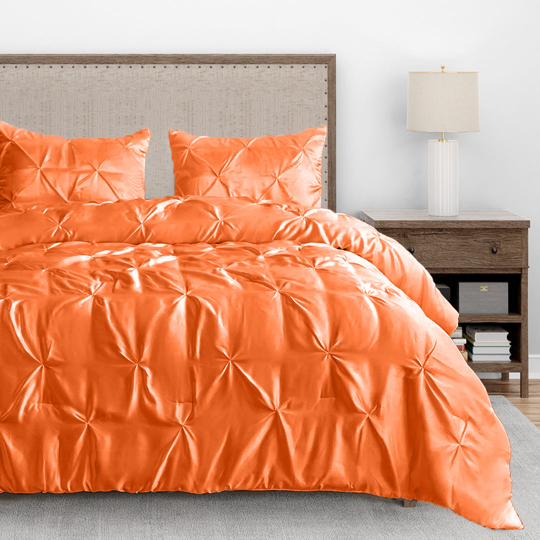 Silk Satin Pinch Pleat Duvet Cover Set – 3-Piece Elegant Pintuck Bedding Set with Zipper Closure