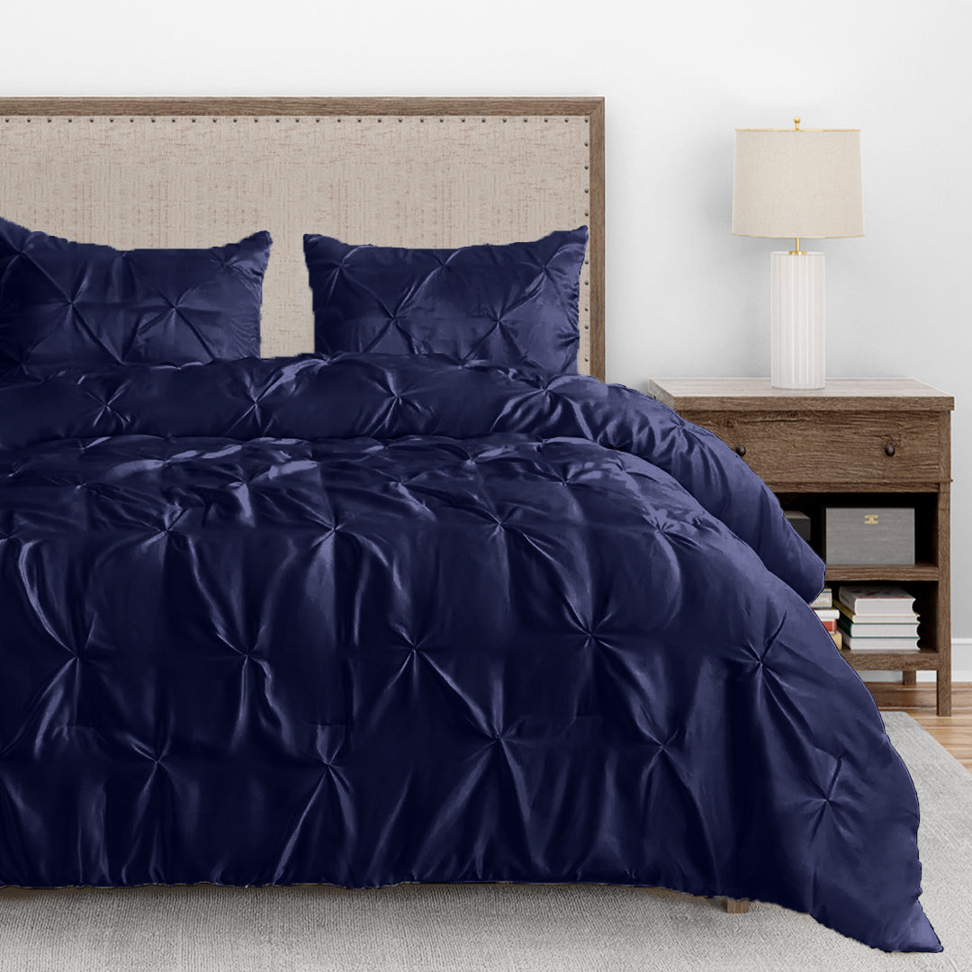 Silk Satin Pinch Pleat Duvet Cover Set – 3-Piece Elegant Pintuck Bedding Set with Zipper Closure