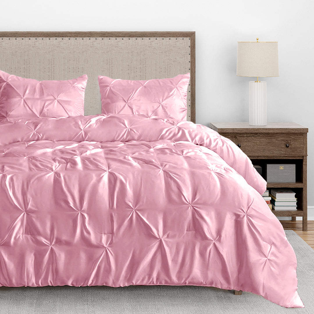 Silk Satin Pinch Pleat Duvet Cover Set – 3-Piece Elegant Pintuck Bedding Set with Zipper Closure