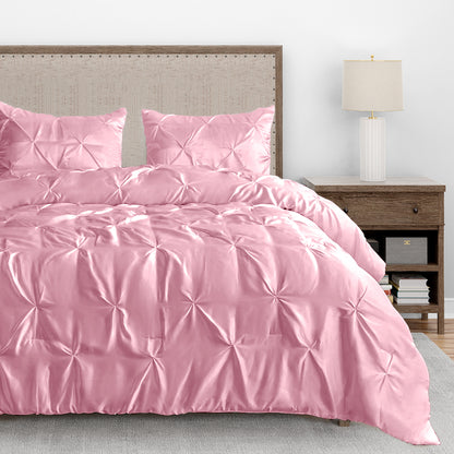 Silk Satin Pinch Pleat Duvet Cover Set – 3-Piece Elegant Pintuck Bedding Set with Zipper Closure