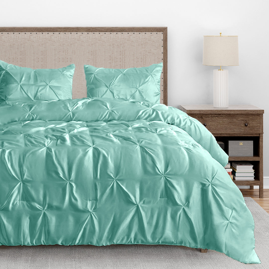 Silk Satin Pinch Pleat Duvet Cover Set – 3-Piece Elegant Pintuck Bedding Set with Zipper Closure