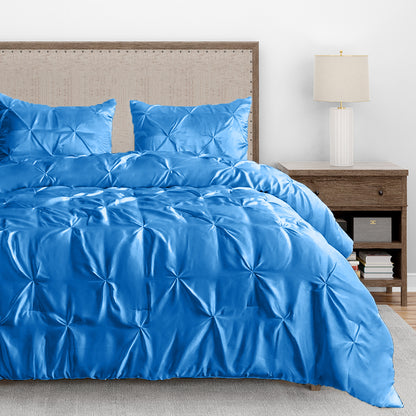 Silk Satin Pinch Pleat Duvet Cover Set – 3-Piece Elegant Pintuck Bedding Set with Zipper Closure