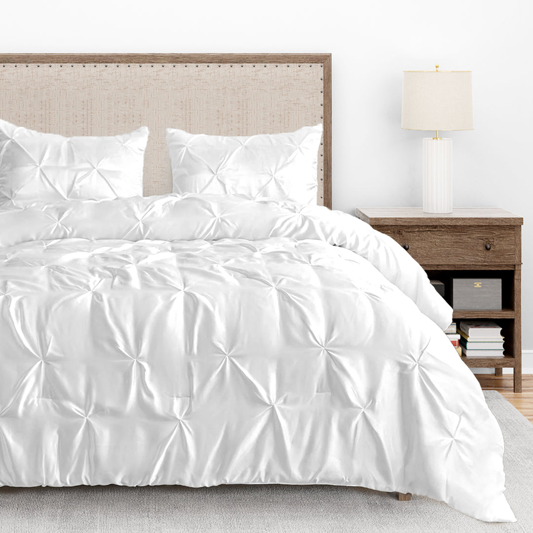 Silk Satin Pinch Pleat Duvet Cover Set – 3-Piece Elegant Pintuck Bedding Set with Zipper Closure