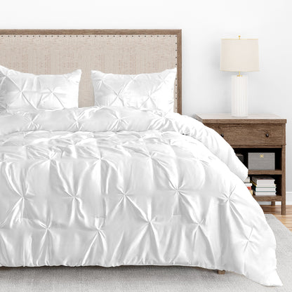 Silk Satin Pinch Pleat Duvet Cover Set – 3-Piece Elegant Pintuck Bedding Set with Zipper Closure