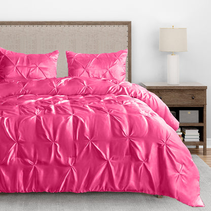 Silk Satin Pinch Pleat Duvet Cover Set – 3-Piece Elegant Pintuck Bedding Set with Zipper Closure