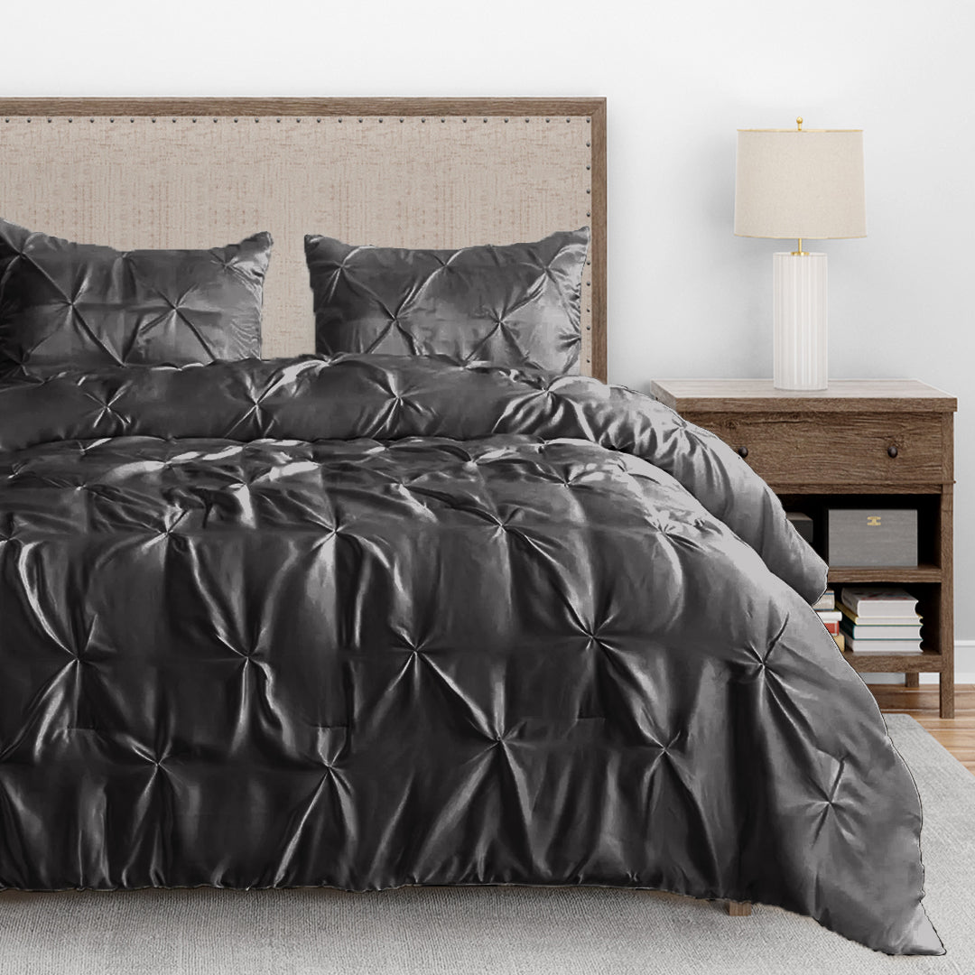 Silk Satin Pinch Pleat Duvet Cover Set – 3-Piece Elegant Pintuck Bedding Set with Zipper Closure