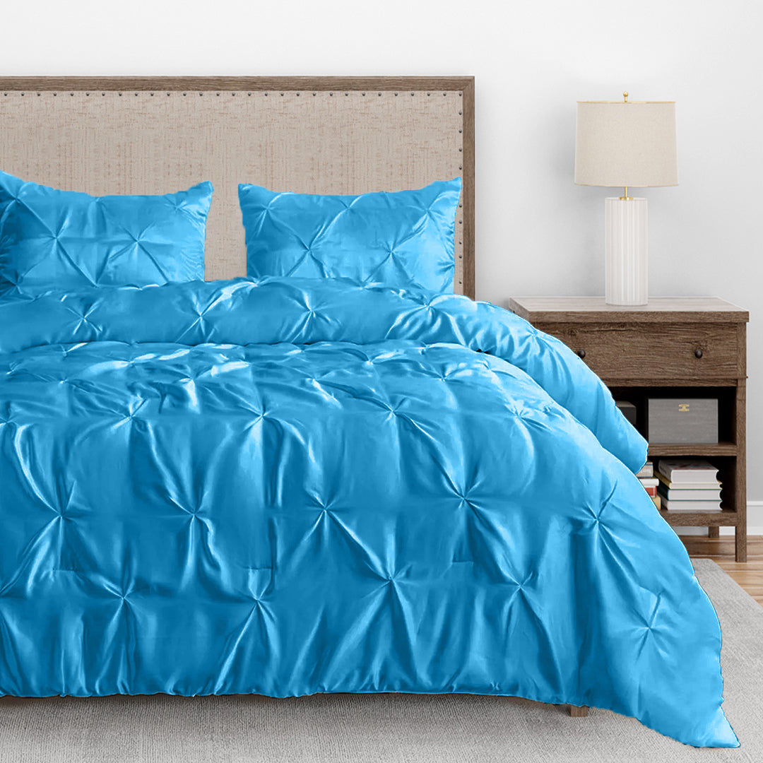 Silk Satin Pinch Pleat Duvet Cover Set – 3-Piece Elegant Pintuck Bedding Set with Zipper Closure