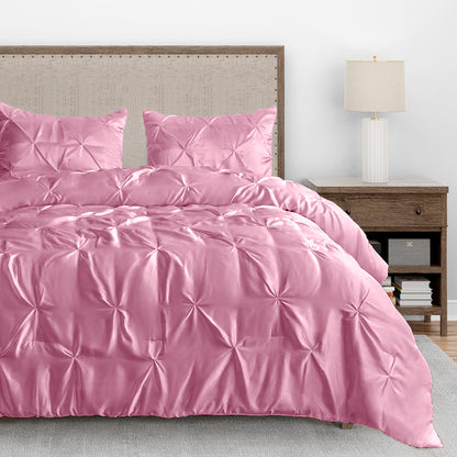 Silk Satin Pinch Pleat Duvet Cover Set – 3-Piece Elegant Pintuck Bedding Set with Zipper Closure