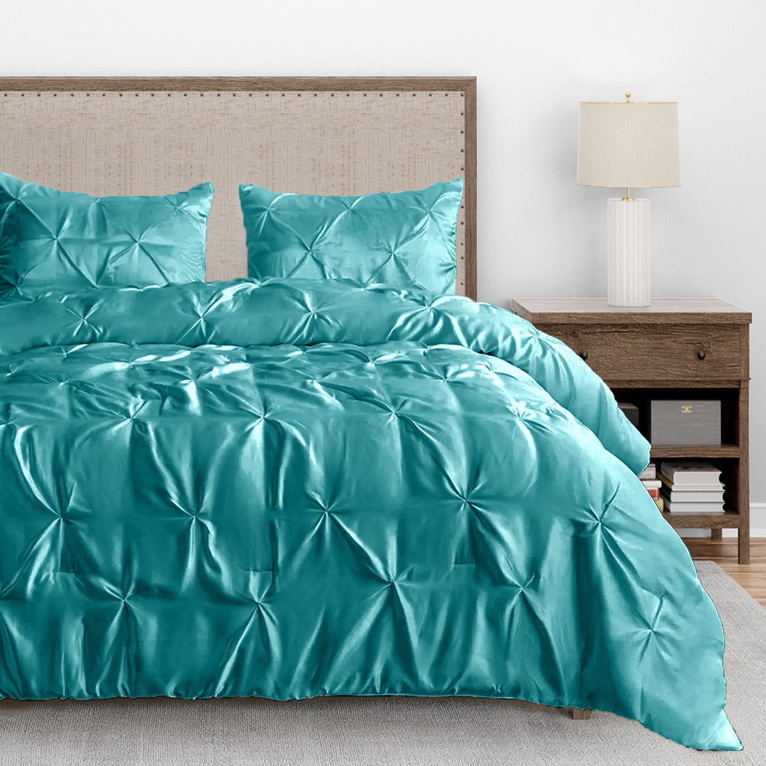 Silk Satin Pinch Pleat Duvet Cover Set – 3-Piece Elegant Pintuck Bedding Set with Zipper Closure