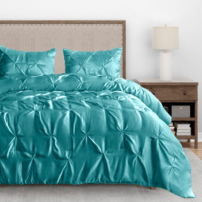 Silk Satin Pinch Pleat Duvet Cover Set – 3-Piece Elegant Pintuck Bedding Set with Zipper Closure