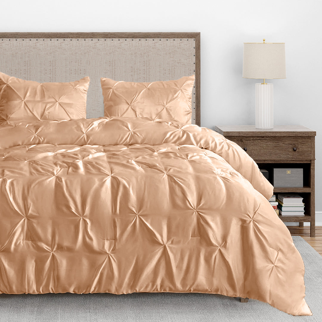 Silk Satin Pinch Pleat Duvet Cover Set – 3-Piece Elegant Pintuck Bedding Set with Zipper Closure