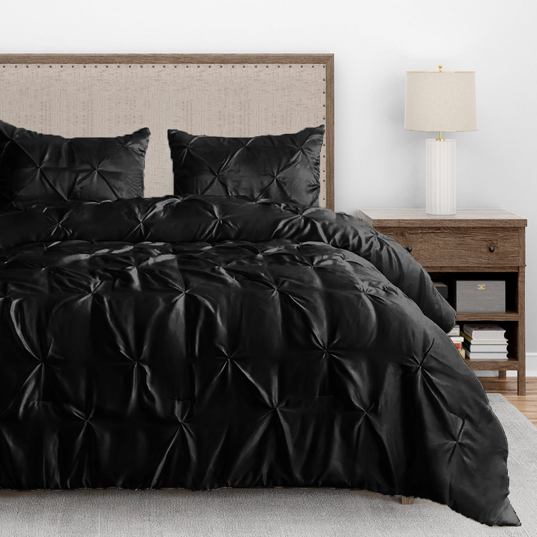 Silk Satin Pinch Pleat Duvet Cover Set – 3-Piece Elegant Pintuck Bedding Set with Zipper Closure