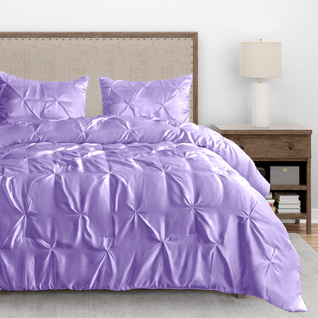 Silk Satin Pinch Pleat Duvet Cover Set – 3-Piece Elegant Pintuck Bedding Set with Zipper Closure