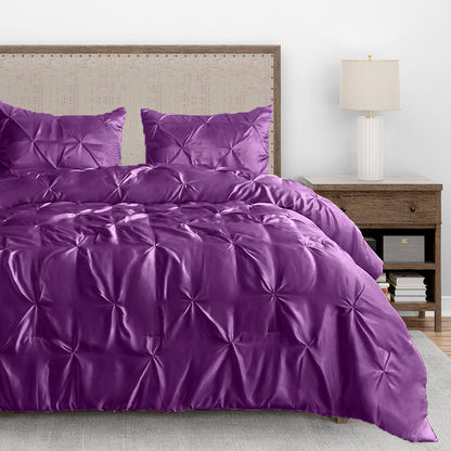 Silk Satin Pinch Pleat Duvet Cover Set – 3-Piece Elegant Pintuck Bedding Set with Zipper Closure