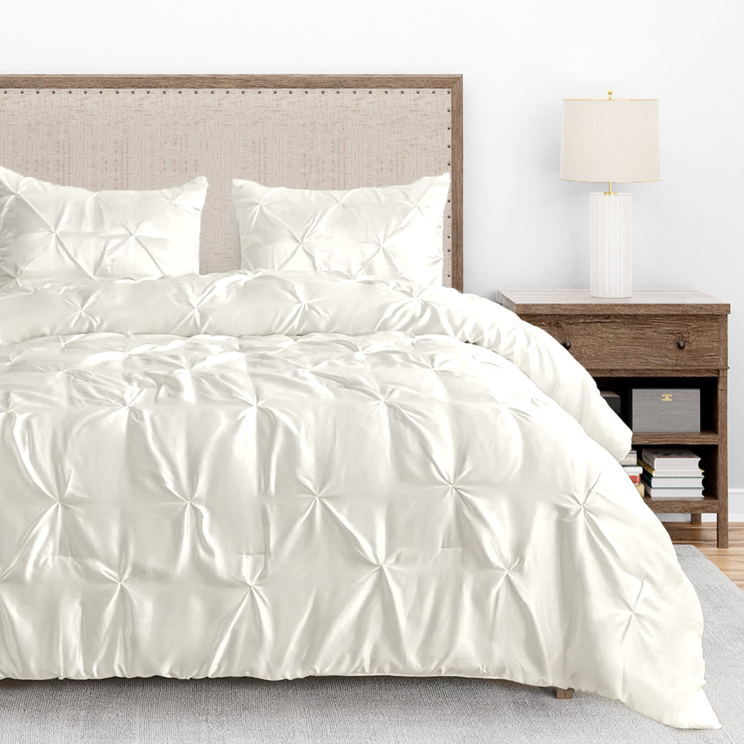 Silk Satin Pinch Pleat Duvet Cover Set – 3-Piece Elegant Pintuck Bedding Set with Zipper Closure
