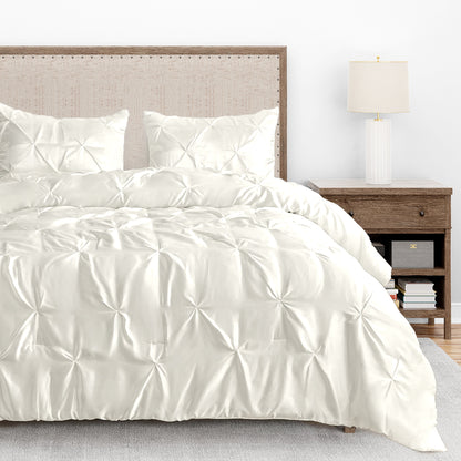 Silk Satin Pinch Pleat Duvet Cover Set – 3-Piece Elegant Pintuck Bedding Set with Zipper Closure