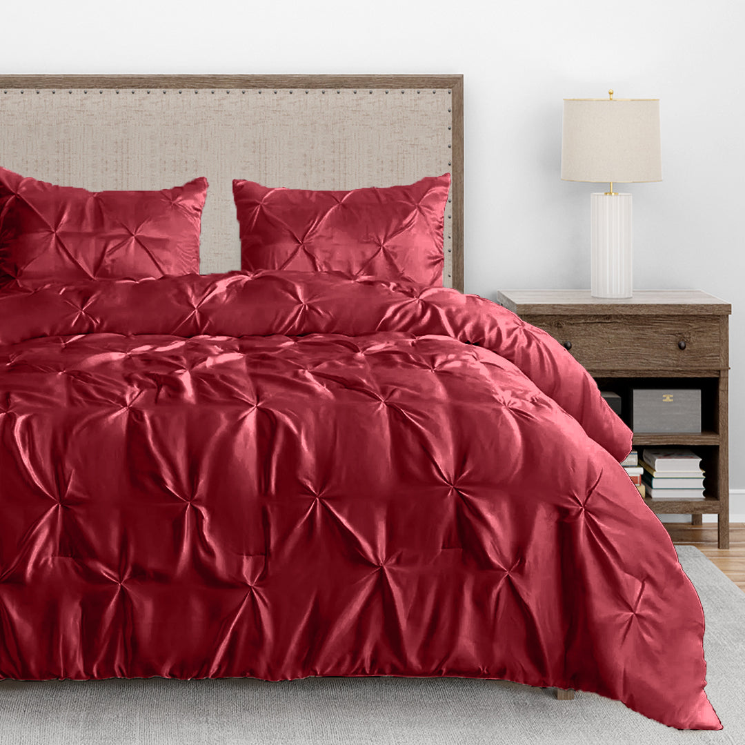 Silk Satin Pinch Pleat Duvet Cover Set – 3-Piece Elegant Pintuck Bedding Set with Zipper Closure