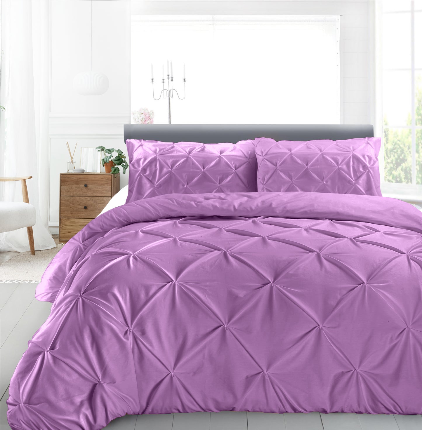 Cotton 600 Thread Count, Luxurious Pleated Design Duvet Cover With 2 Pillowcase