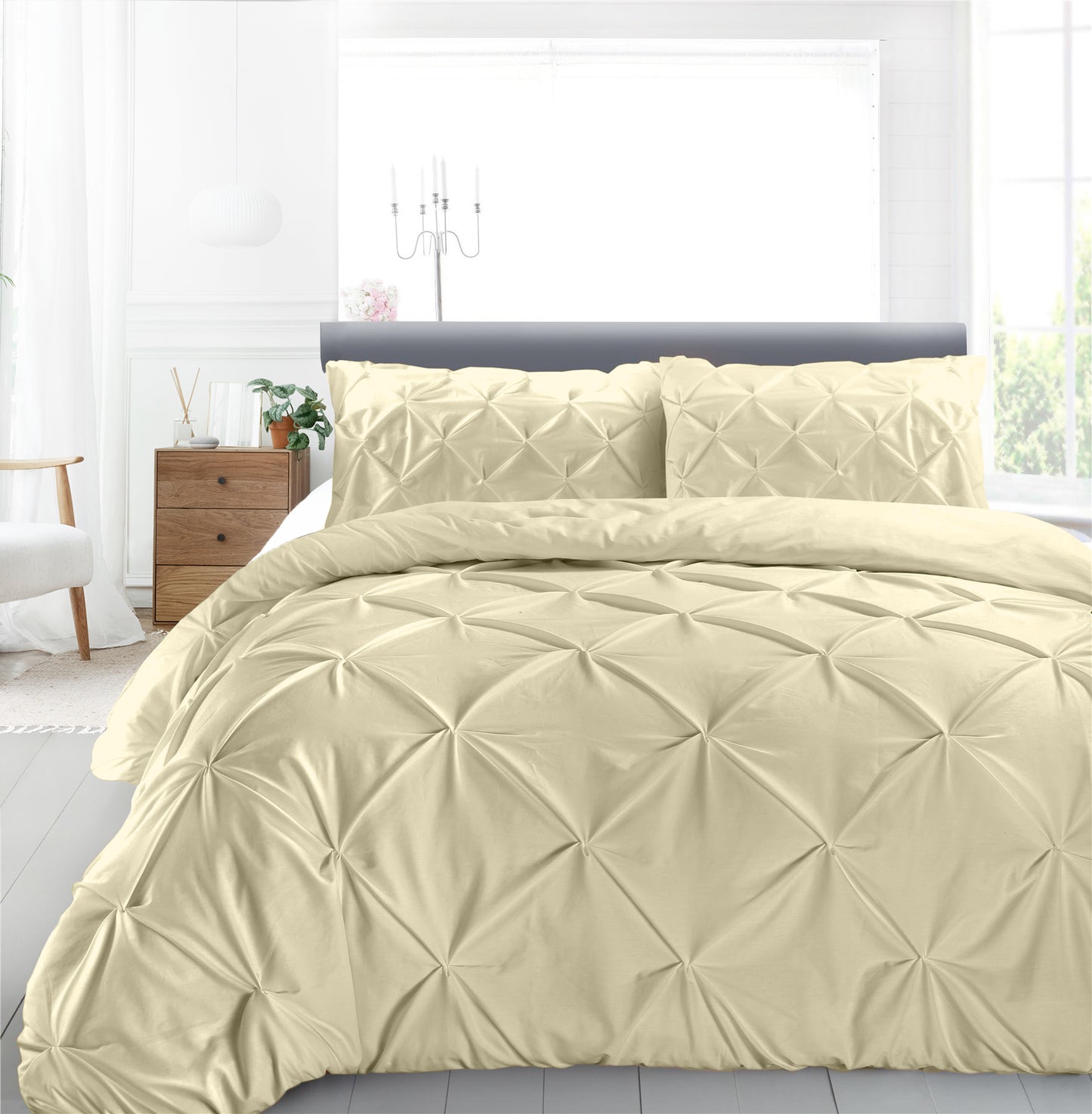 Cotton 600 Thread Count, Luxurious Pleated Design Duvet Cover With 2 Pillowcase