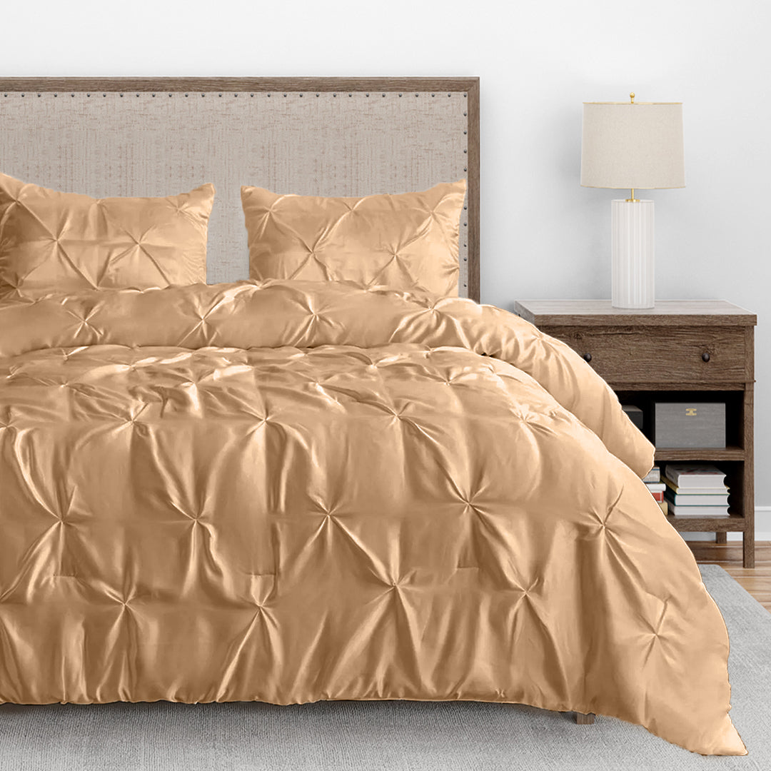 Silk Satin Pinch Pleat Duvet Cover Set – 3-Piece Elegant Pintuck Bedding Set with Zipper Closure