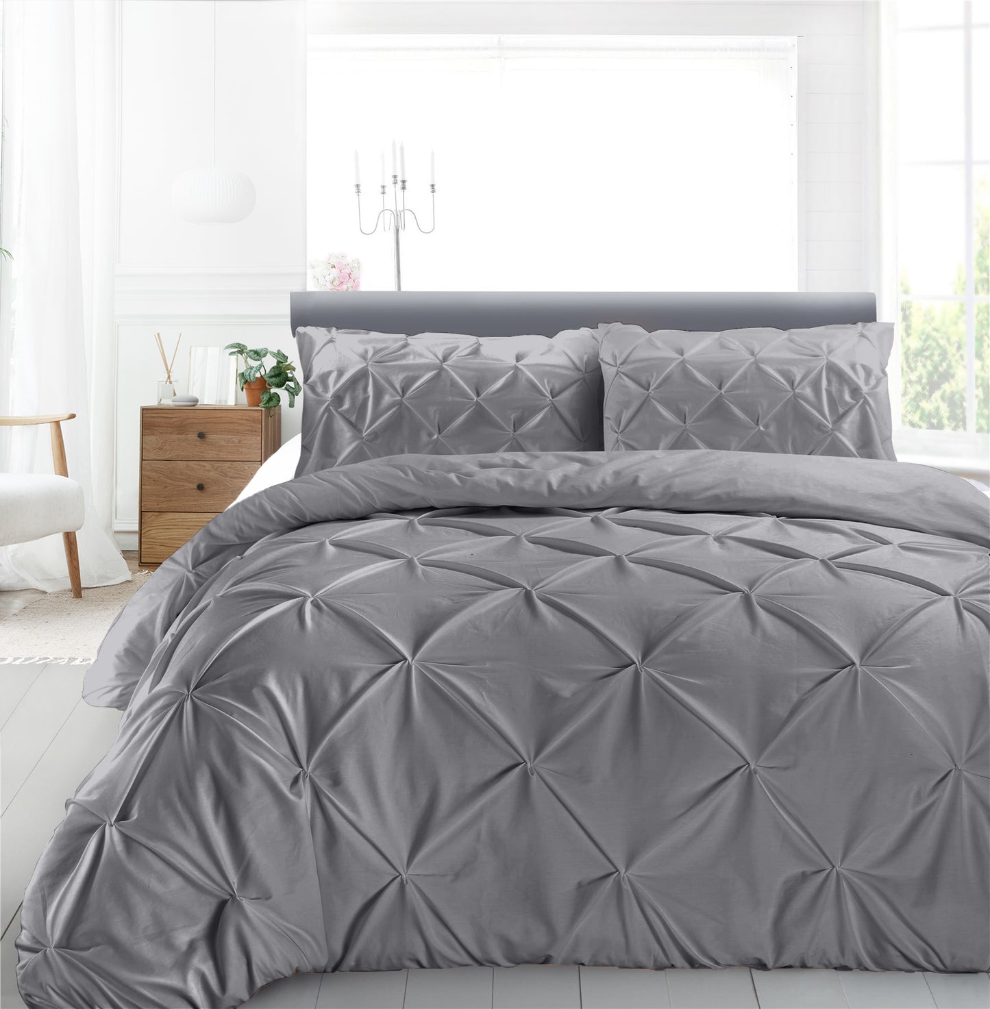 Cotton 600 Thread Count, Luxurious Pleated Design Duvet Cover With 2 Pillowcase