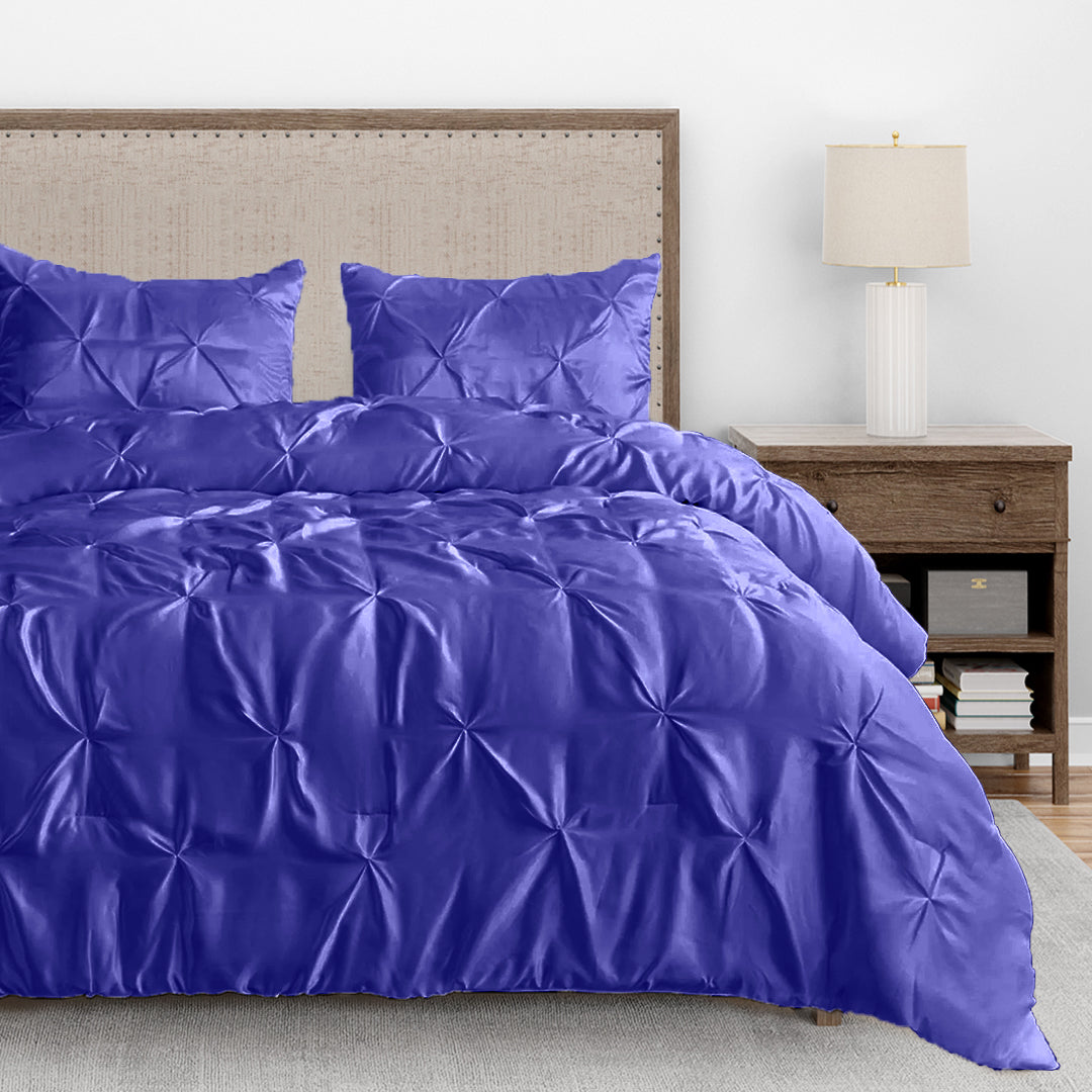 Silk Satin Pinch Pleat Duvet Cover Set – 3-Piece Elegant Pintuck Bedding Set with Zipper Closure