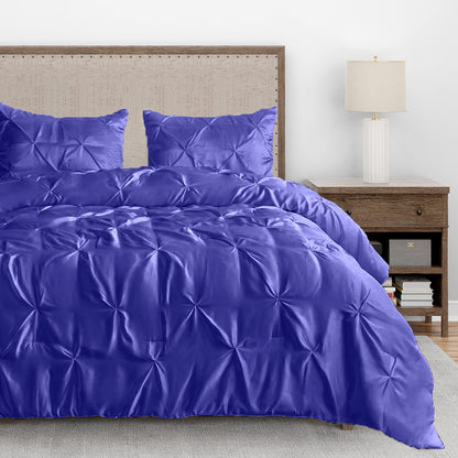 Silk Satin Pinch Pleat Duvet Cover Set – 3-Piece Elegant Pintuck Bedding Set with Zipper Closure