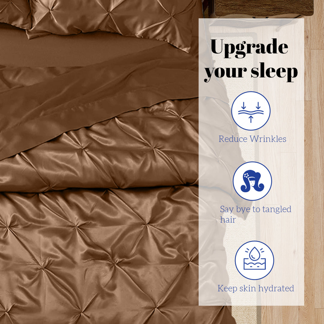 Silk Satin Pinch Pleat Duvet Cover Set – 3-Piece Elegant Pintuck Bedding Set with Zipper Closure