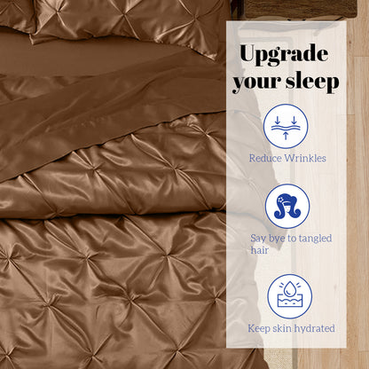 Silk Satin Pinch Pleat Duvet Cover Set – 3-Piece Elegant Pintuck Bedding Set with Zipper Closure