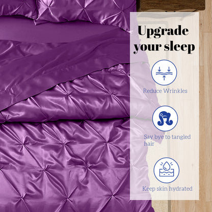 Silk Satin Pinch Pleat Duvet Cover Set – 3-Piece Elegant Pintuck Bedding Set with Zipper Closure