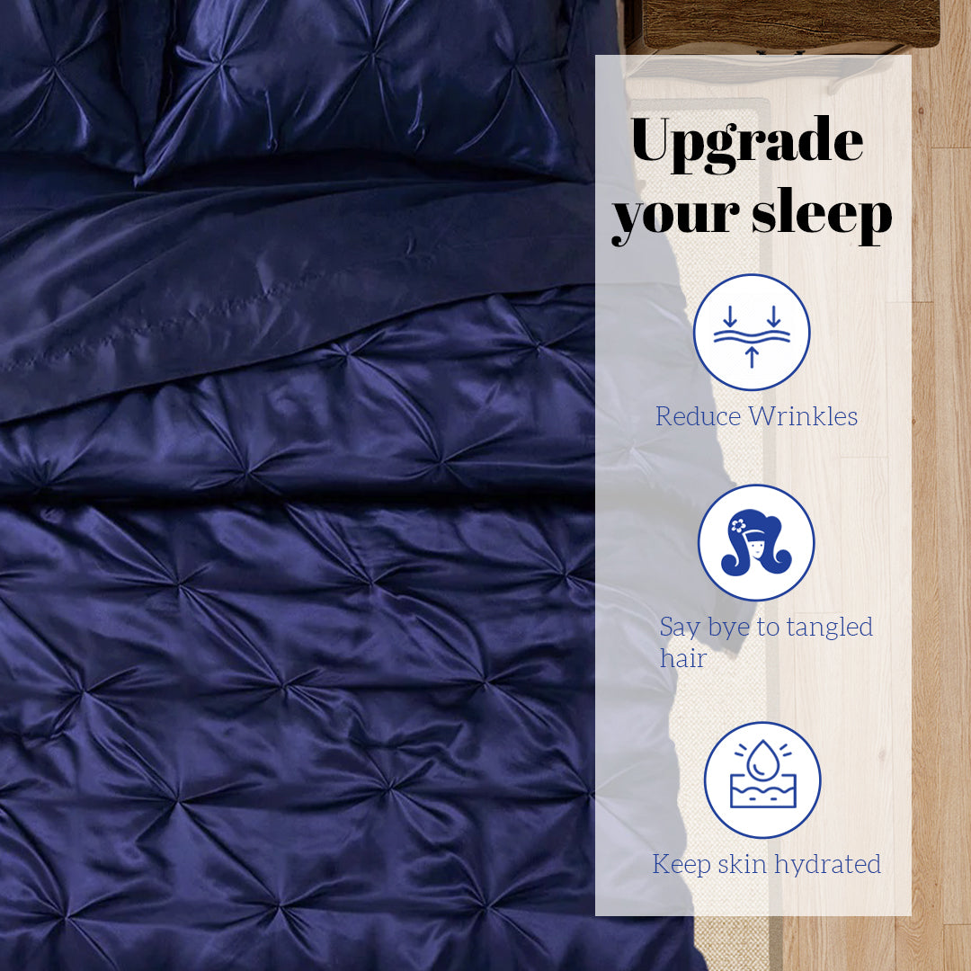 Silk Satin Pinch Pleat Duvet Cover Set – 3-Piece Elegant Pintuck Bedding Set with Zipper Closure