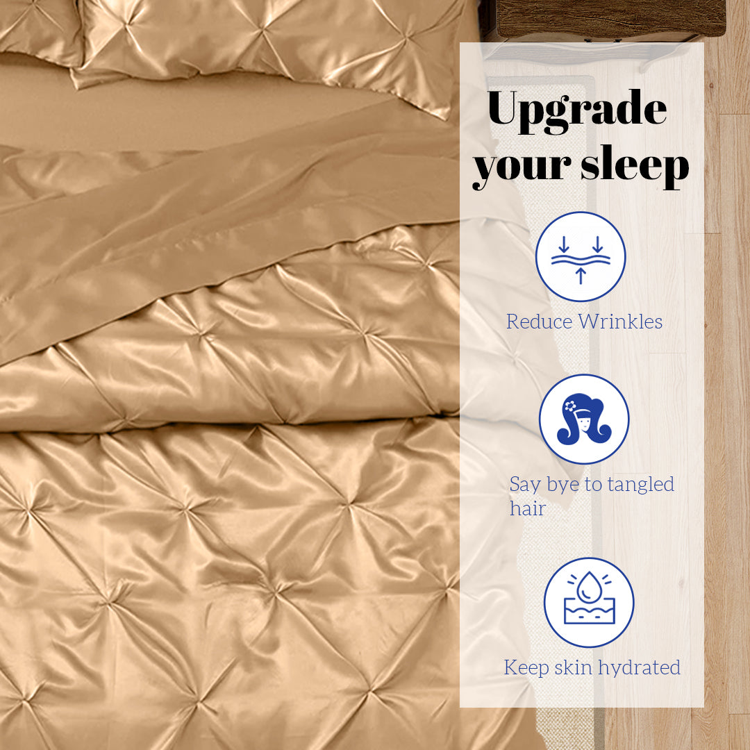 Silk Satin Pinch Pleat Duvet Cover Set – 3-Piece Elegant Pintuck Bedding Set with Zipper Closure