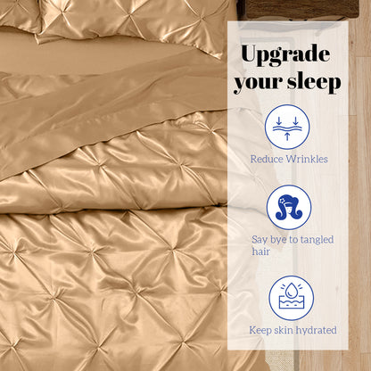 Silk Satin Pinch Pleat Duvet Cover Set – 3-Piece Elegant Pintuck Bedding Set with Zipper Closure