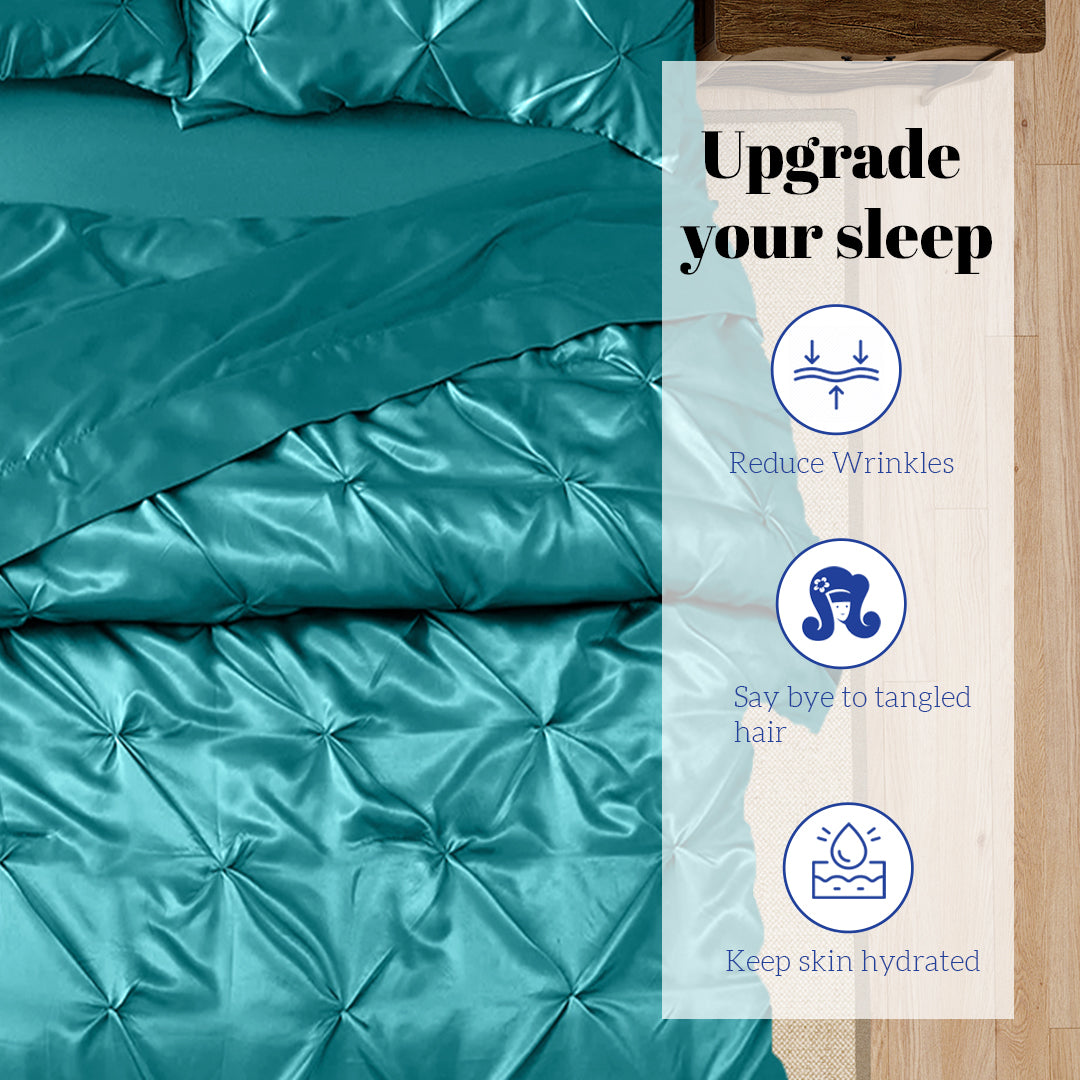 Silk Satin Pinch Pleat Duvet Cover Set – 3-Piece Elegant Pintuck Bedding Set with Zipper Closure