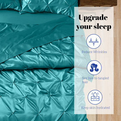 Silk Satin Pinch Pleat Duvet Cover Set – 3-Piece Elegant Pintuck Bedding Set with Zipper Closure