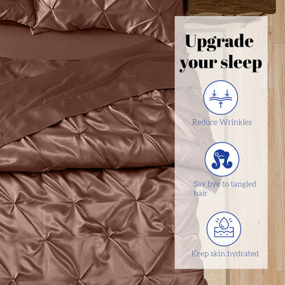 Silk Satin Pinch Pleat Duvet Cover Set – 3-Piece Elegant Pintuck Bedding Set with Zipper Closure