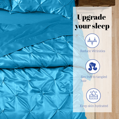 Silk Satin Pinch Pleat Duvet Cover Set – 3-Piece Elegant Pintuck Bedding Set with Zipper Closure