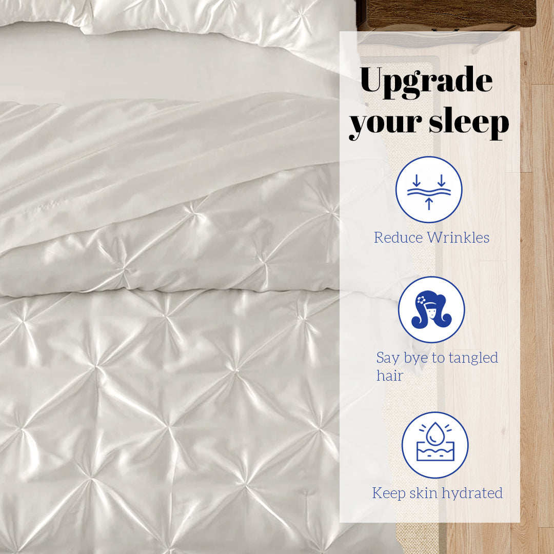 Silk Satin Pinch Pleat Duvet Cover Set – 3-Piece Elegant Pintuck Bedding Set with Zipper Closure