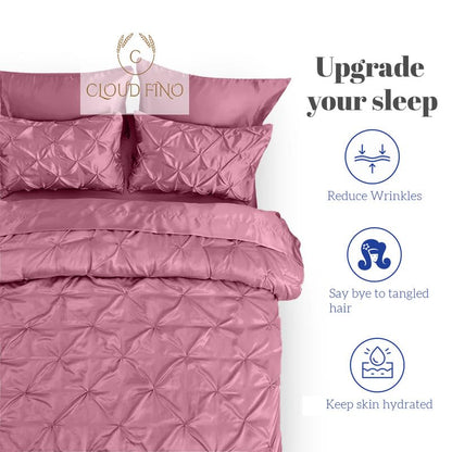 Silk Satin Pinch Pleat Duvet Cover Set – 3-Piece Elegant Pintuck Bedding Set with Zipper Closure